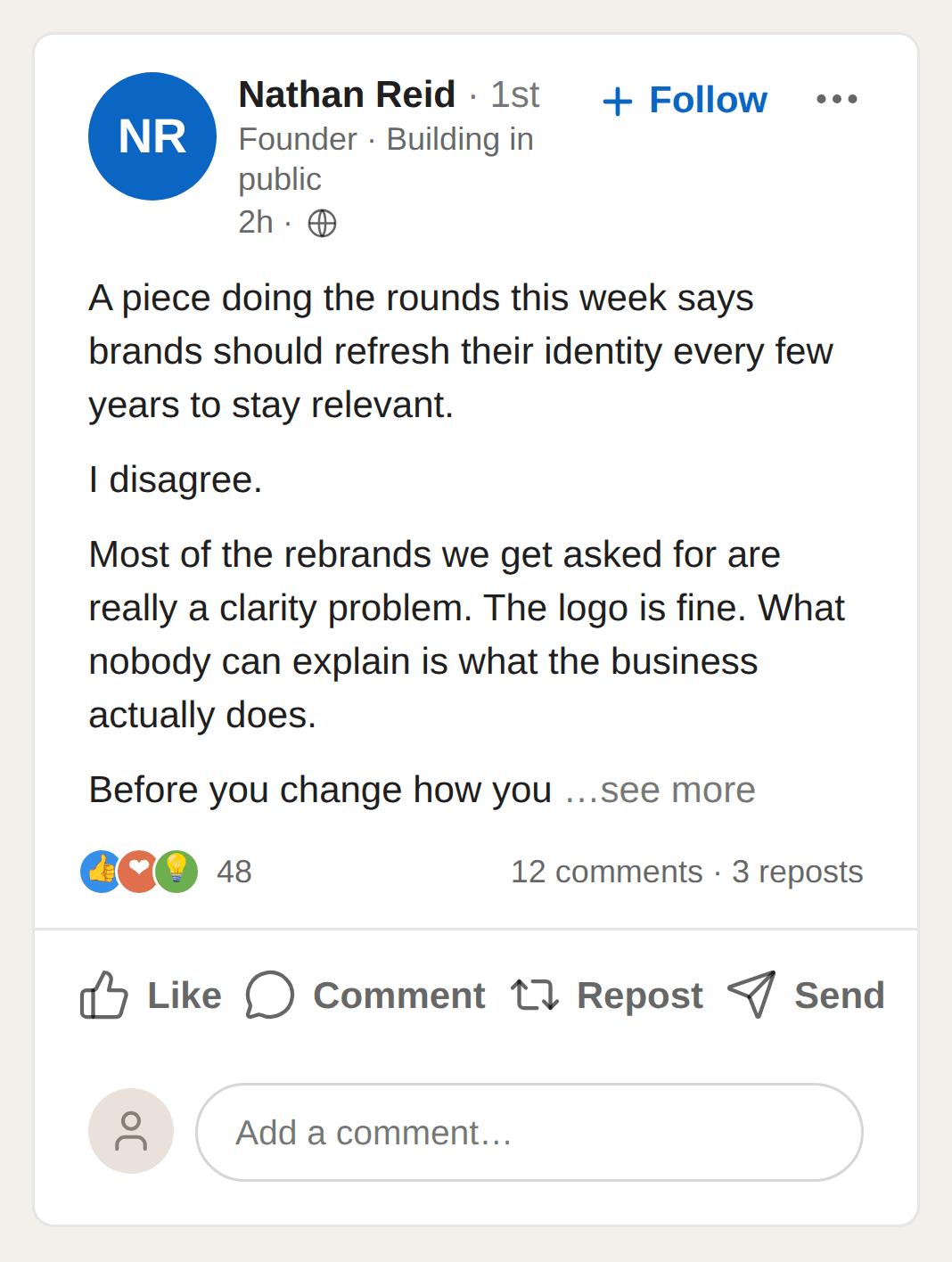 The finished LinkedIn post rendered in the preview card, with the reaction and comment rows below it