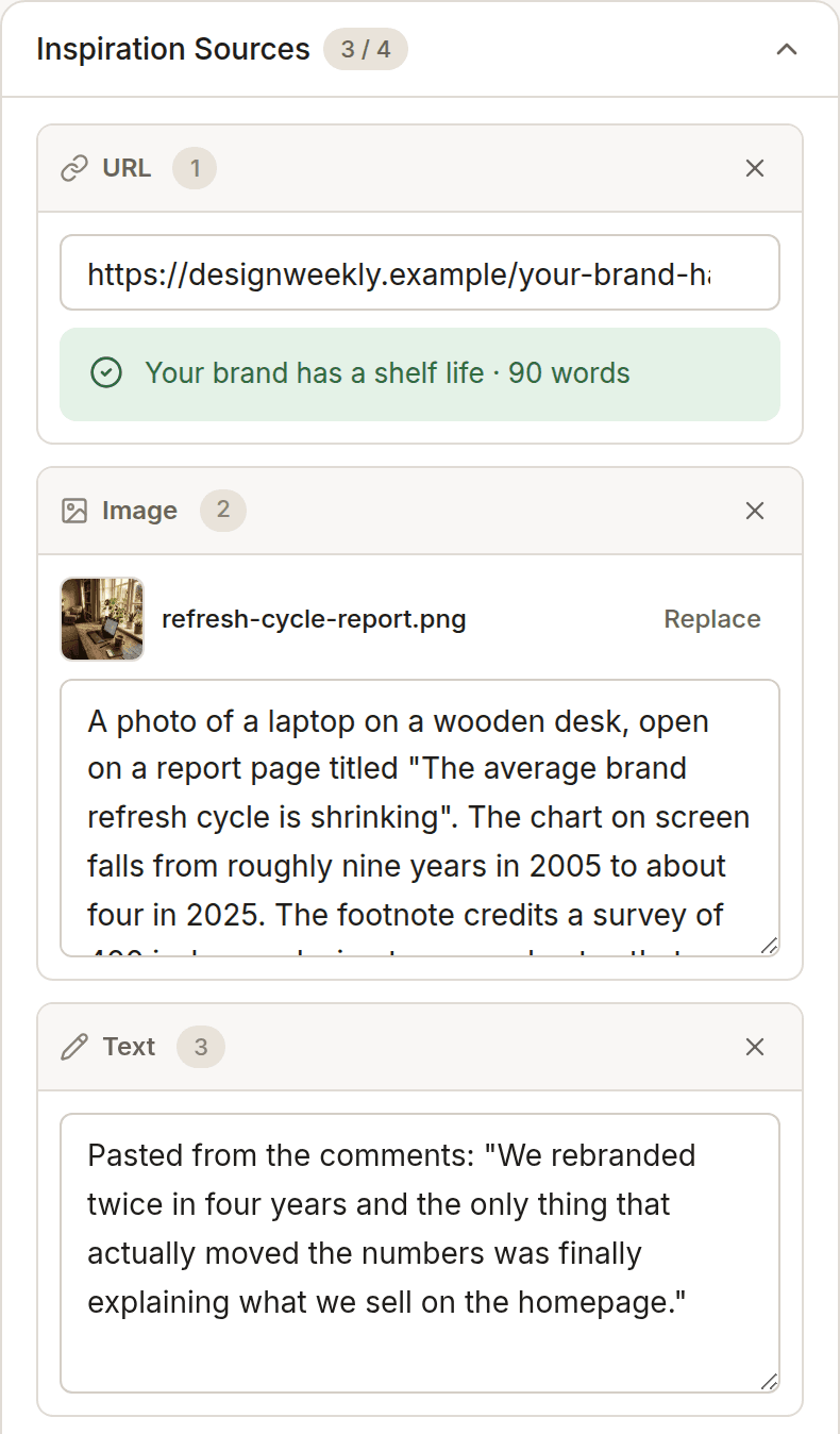 The Inspiration Sources panel with three sources filled in: a scraped URL, a described photo and a pasted comment