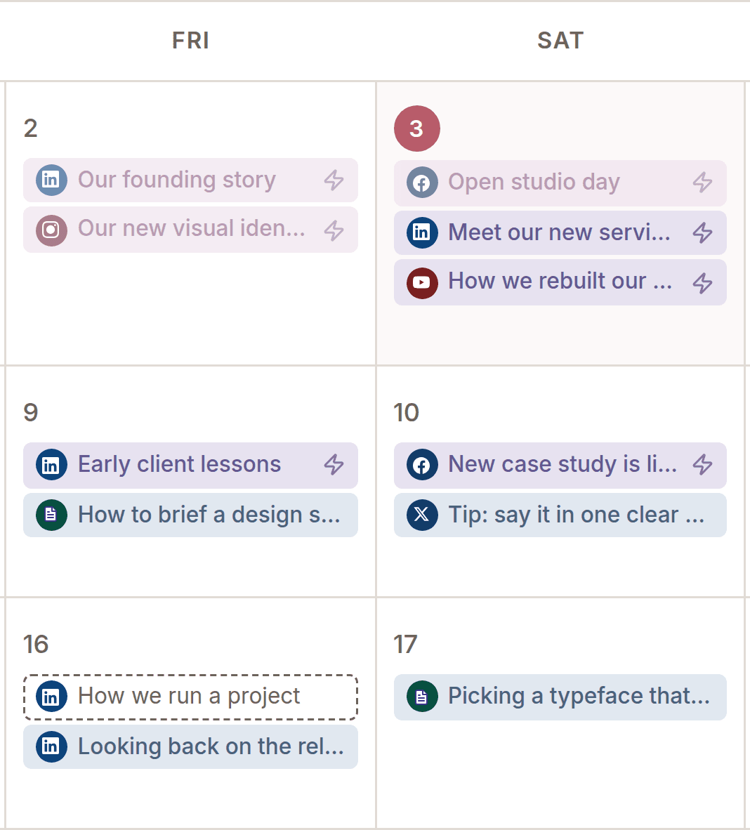 The Broadify content calendar in month view, with October posts filed under their days and the published ones faded