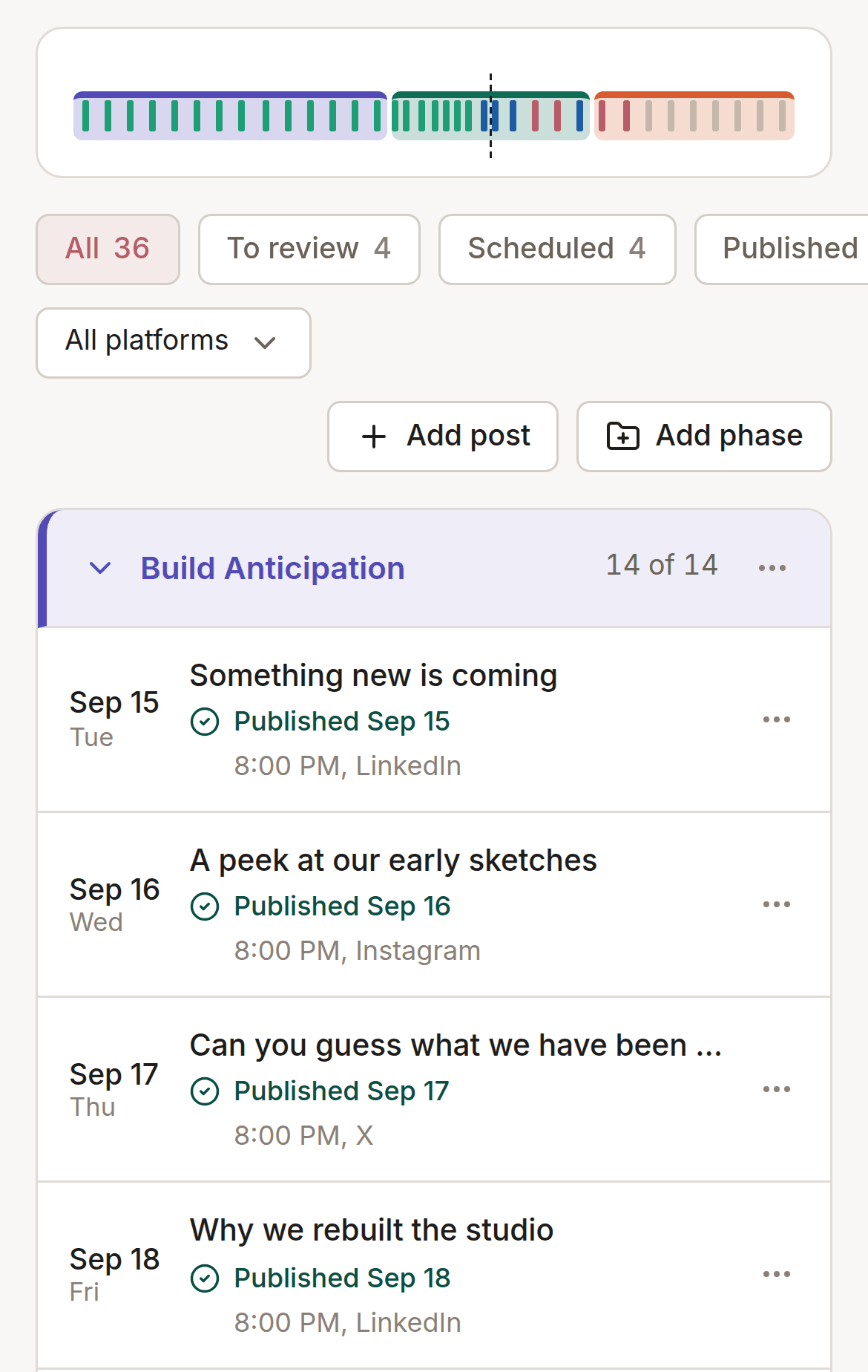 A Broadify campaign content plan: a phase timeline above coloured phase headers and their posts, each with its date, platform and publishing status