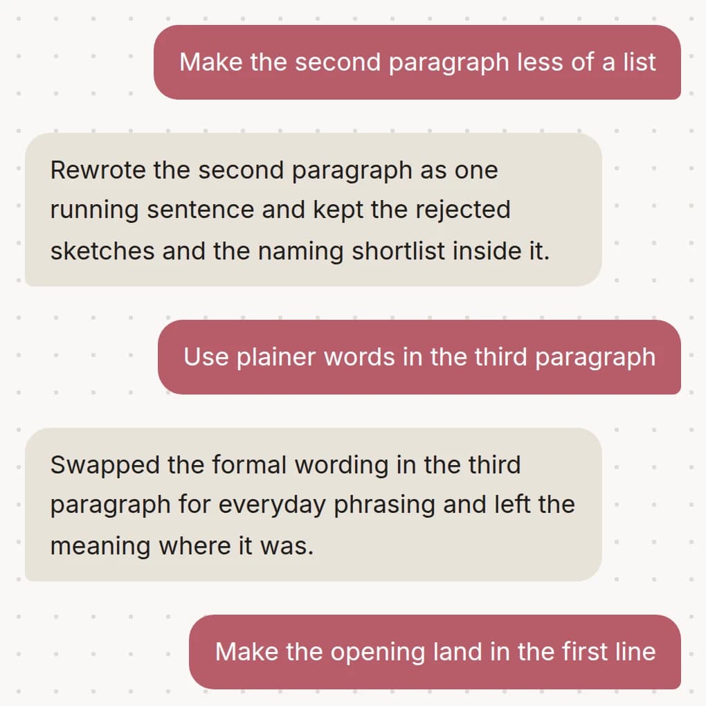 The Ask AI tab: plain-English edit requests, each answered with a note of what changed