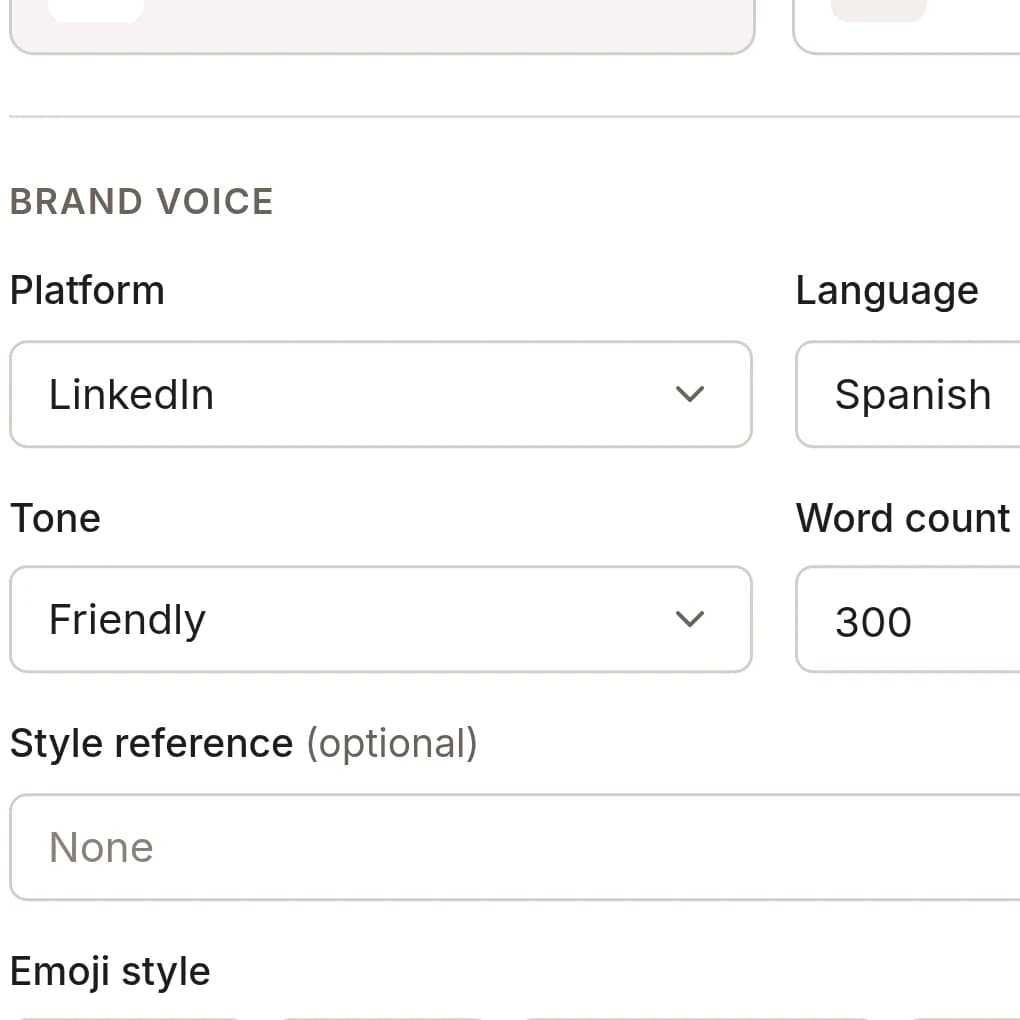 The New remix dialog with its language set to Spanish, beside its platform, tone and word count
