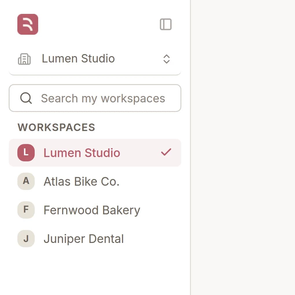 The workspace switcher open in the sidebar, listing four workspaces with the current one checked