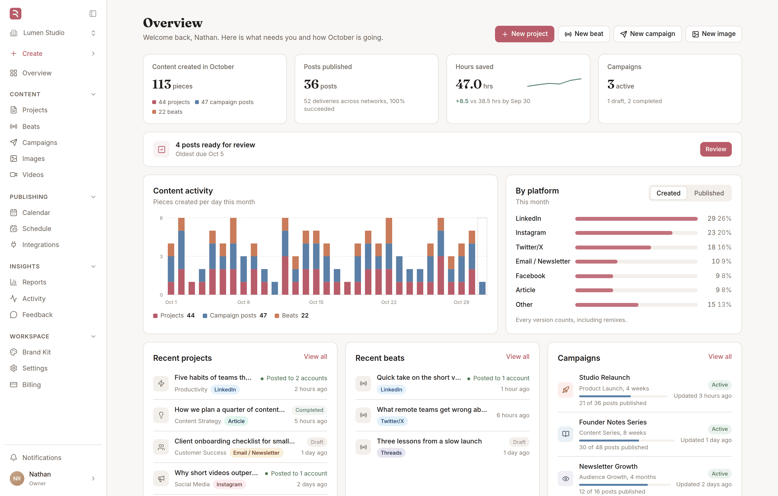The Broadify dashboard: posts published this month, hours saved, active campaigns, a month of publishing activity and the posts waiting for review