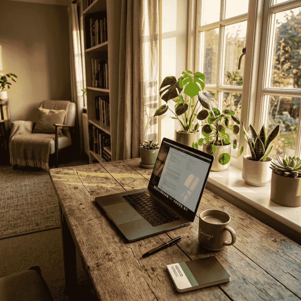 Sunlit home office with a laptop on a reclaimed wood desk and potted plants along a tall window