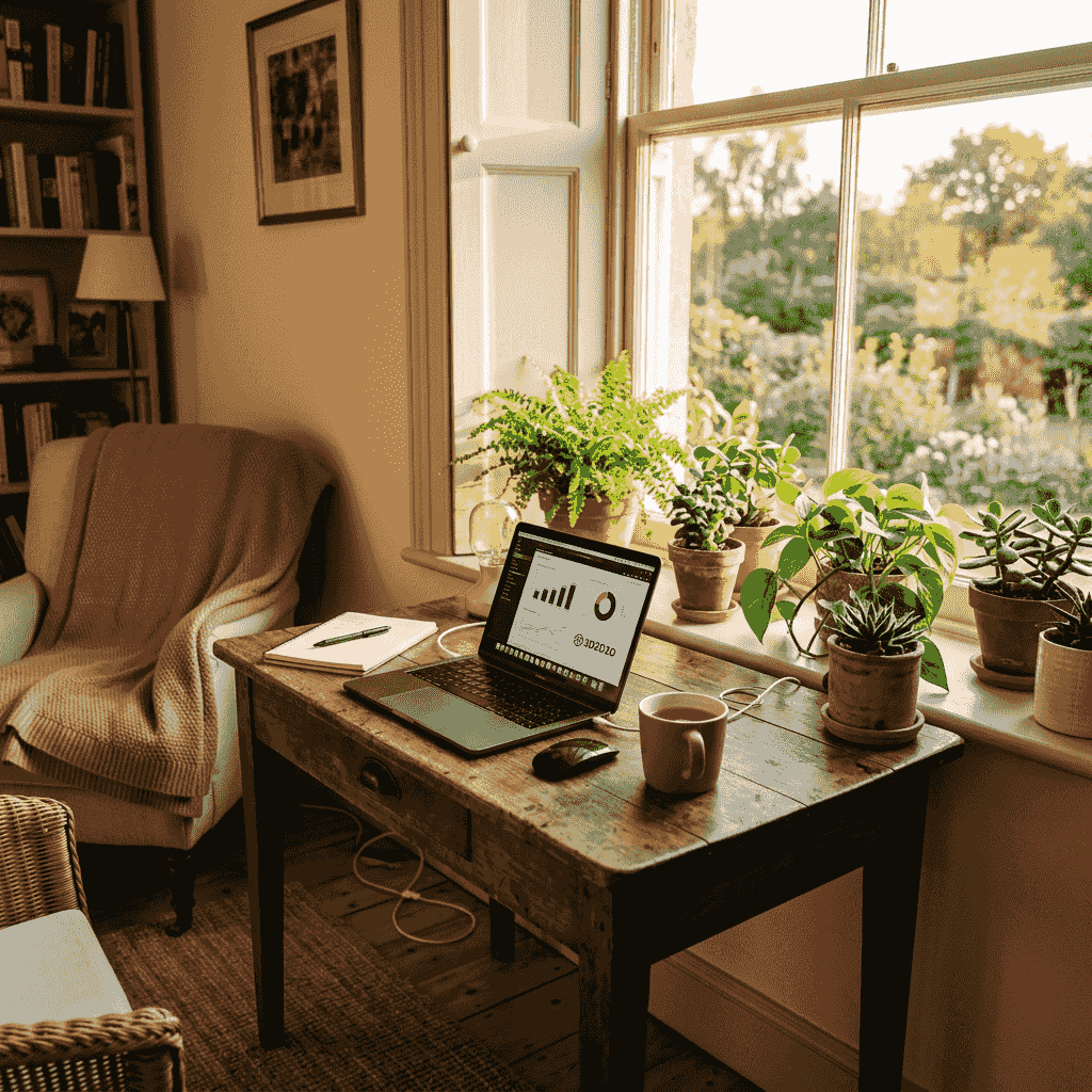 Reference thumbnail of a golden hour study with a small desk and ferns