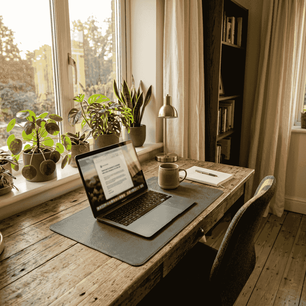 Reference thumbnail of a bright corner desk with a laptop and houseplants