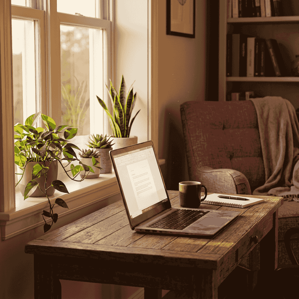 Warm-toned home office with a laptop, bookshelves and a wingback armchair in low evening light